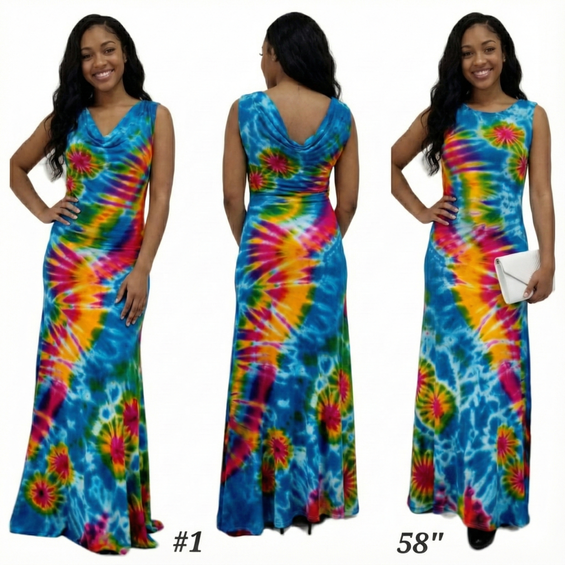 Multicolored tie-dye dress shown from front, back, and side views on a white background.