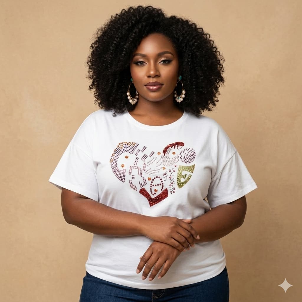 Women's rhinestone t-shirt with a heart design featuring pearl oval stones and reflective film.