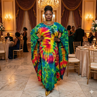 Colorful tie-dye dress worn by a mode