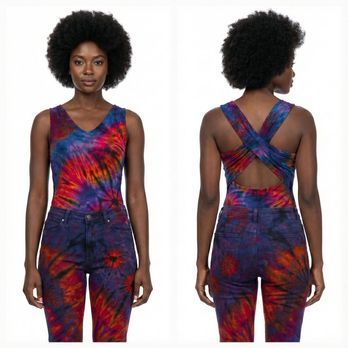 Tie-dye jumpsuit worn by a model, shown from front and back on a white background