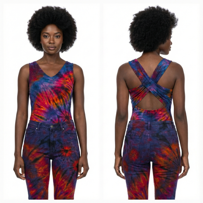 Tie-dye jumpsuit worn by a model, shown from front and back on a white background