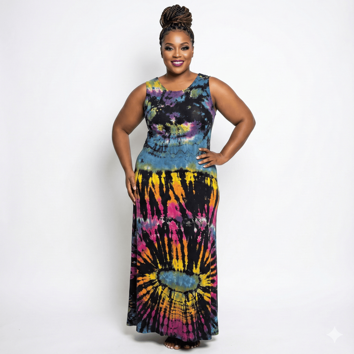 Woman wearing a tie-dye dress on a white background