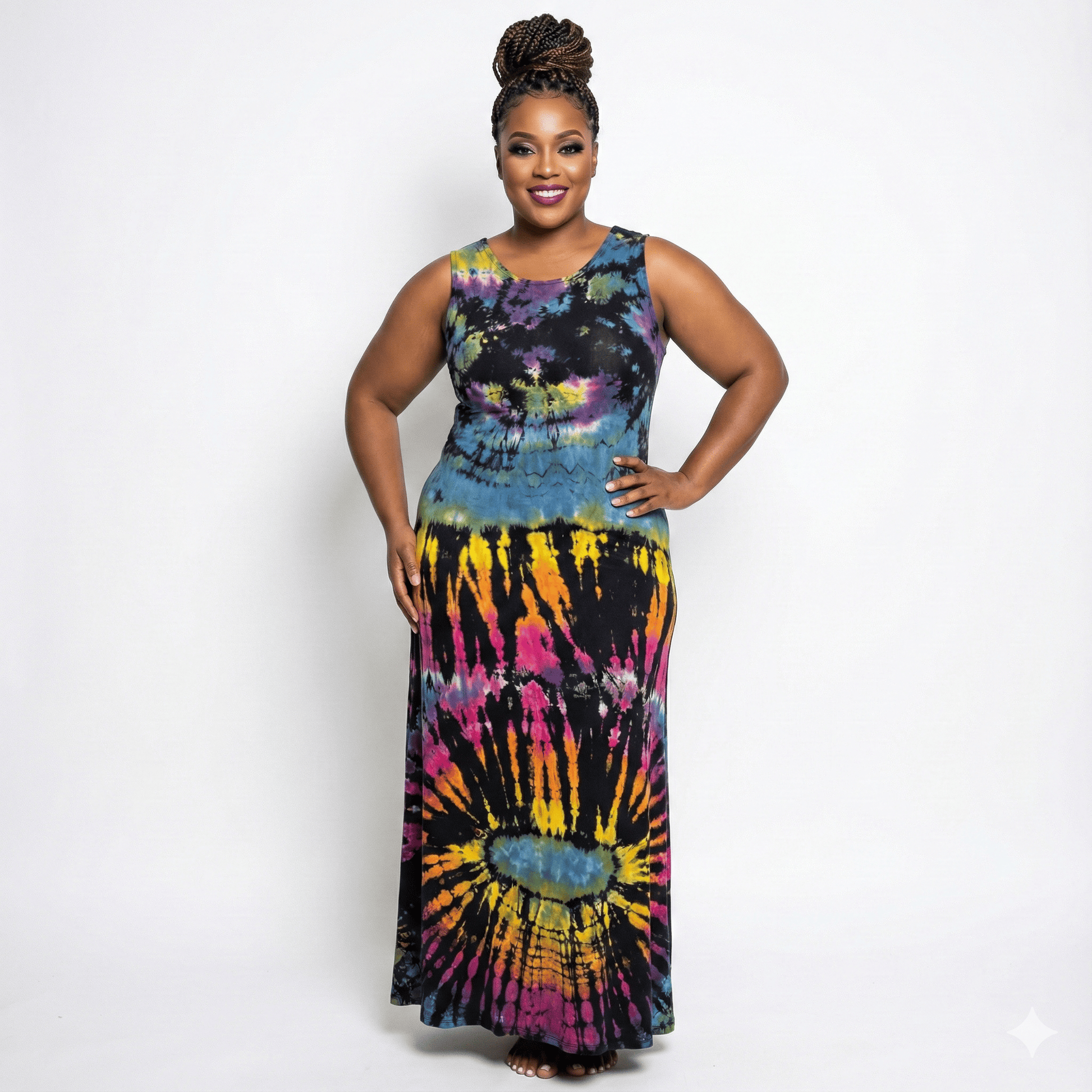 Woman wearing a tie-dye dress on a white background