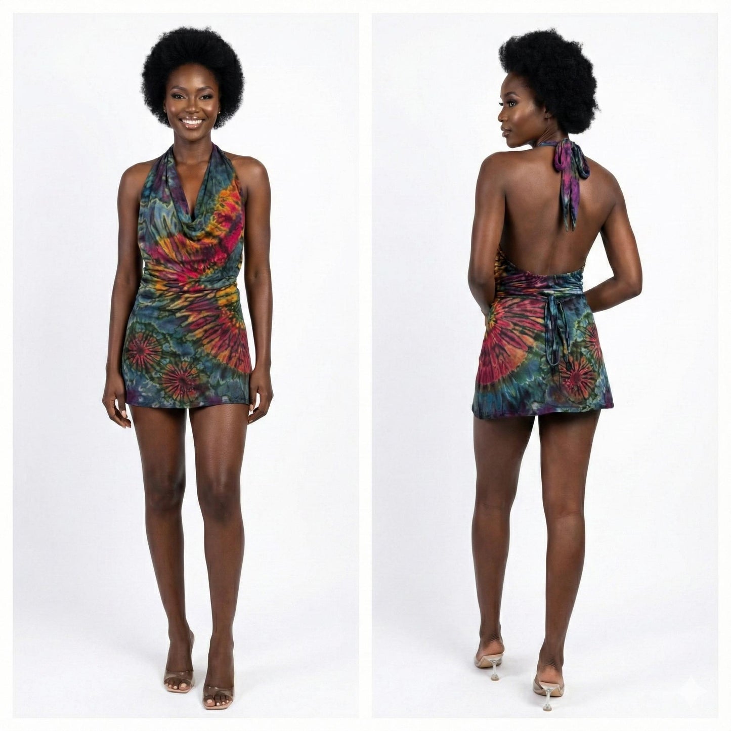 Woman wearing a colorful tie-dye mini dress , front and back views, on a white background.