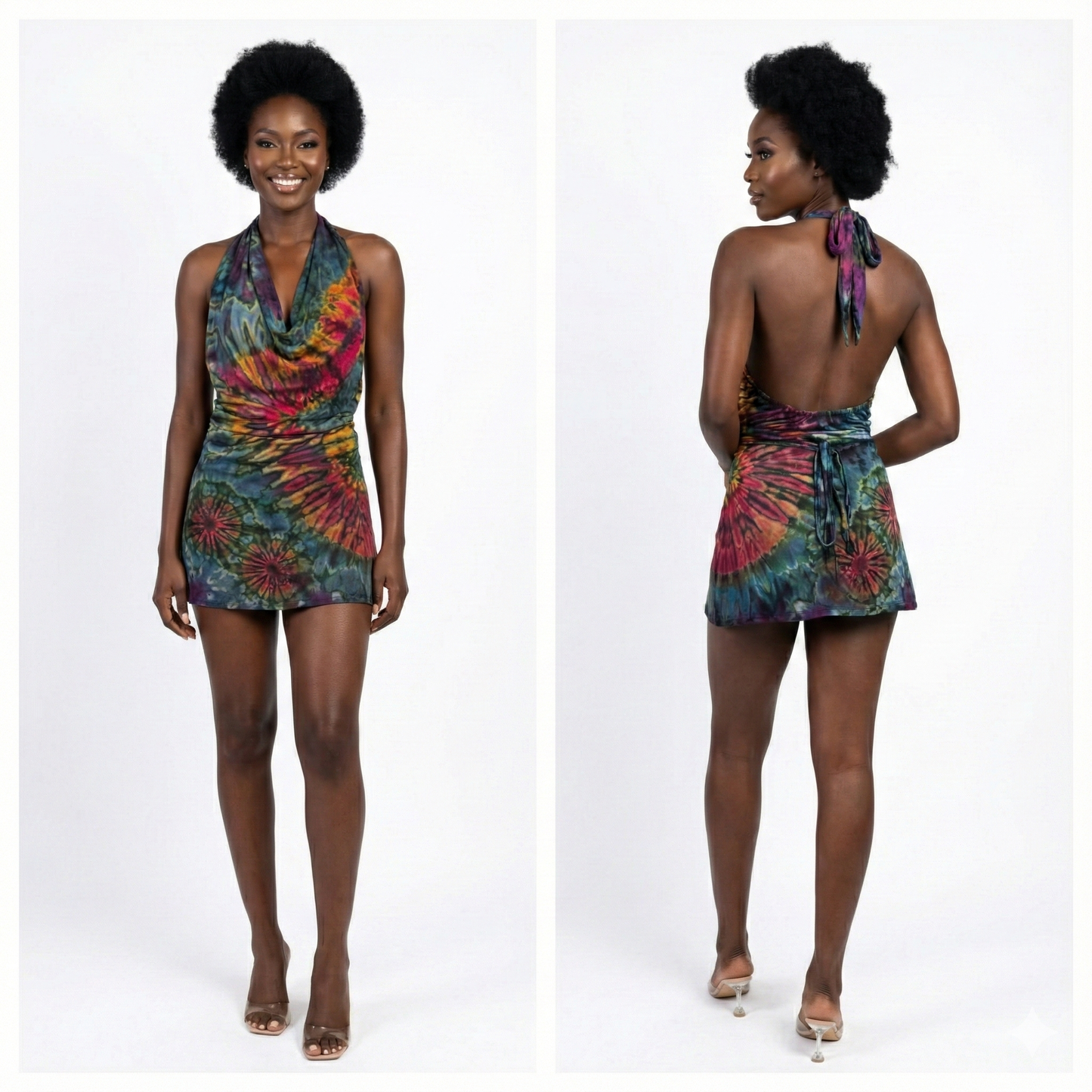 Woman wearing a colorful tie-dye mini dress , front and back views, on a white background.