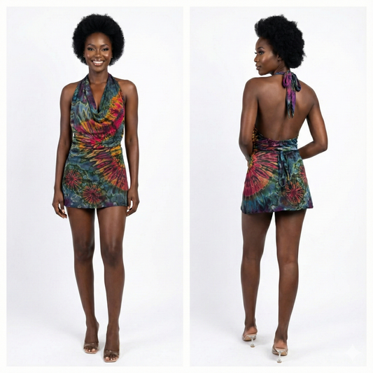 Woman wearing a colorful tie-dye mini dress , front and back views, on a white background.