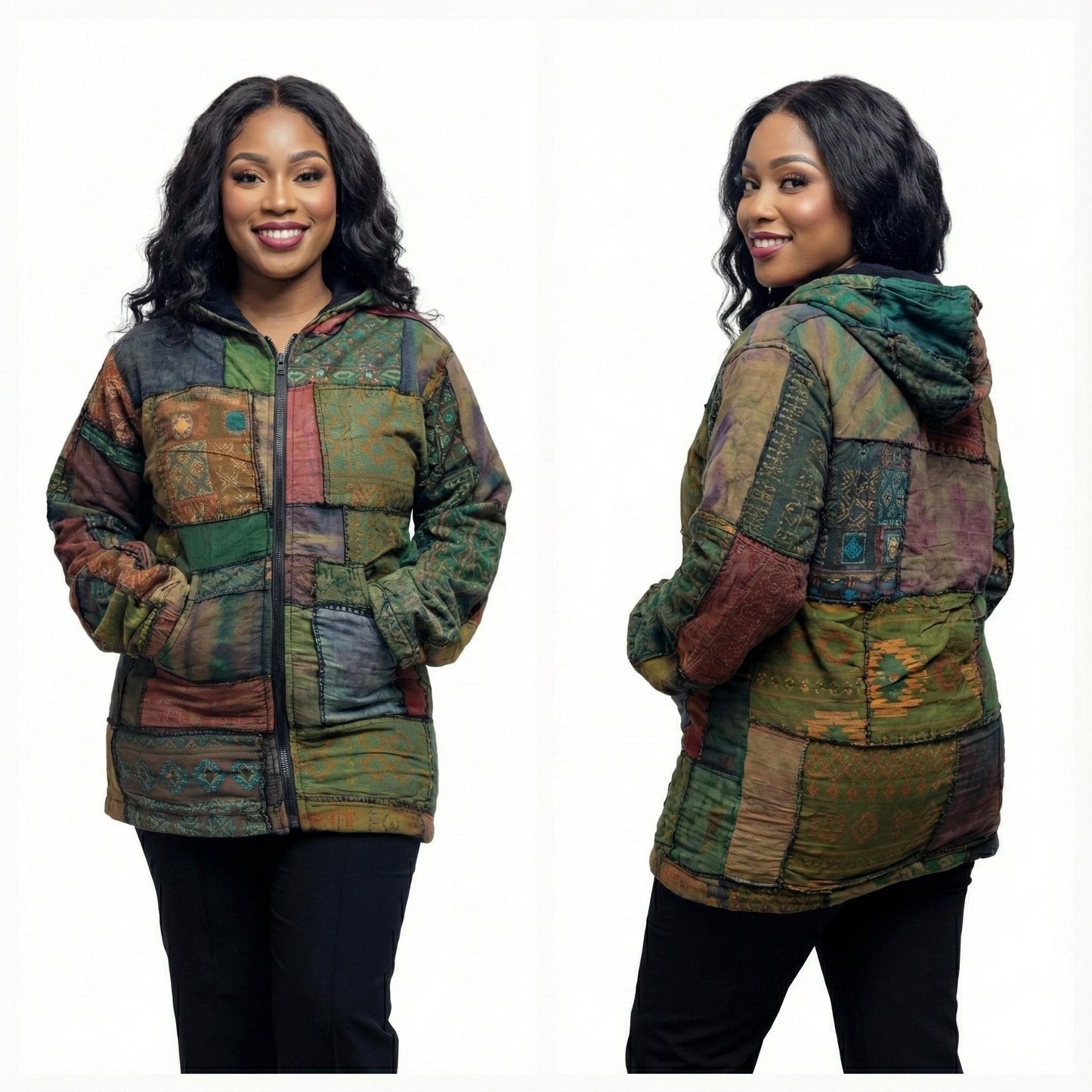 Woman wearing a multicolored patchwork jacket, shown from front and back views.