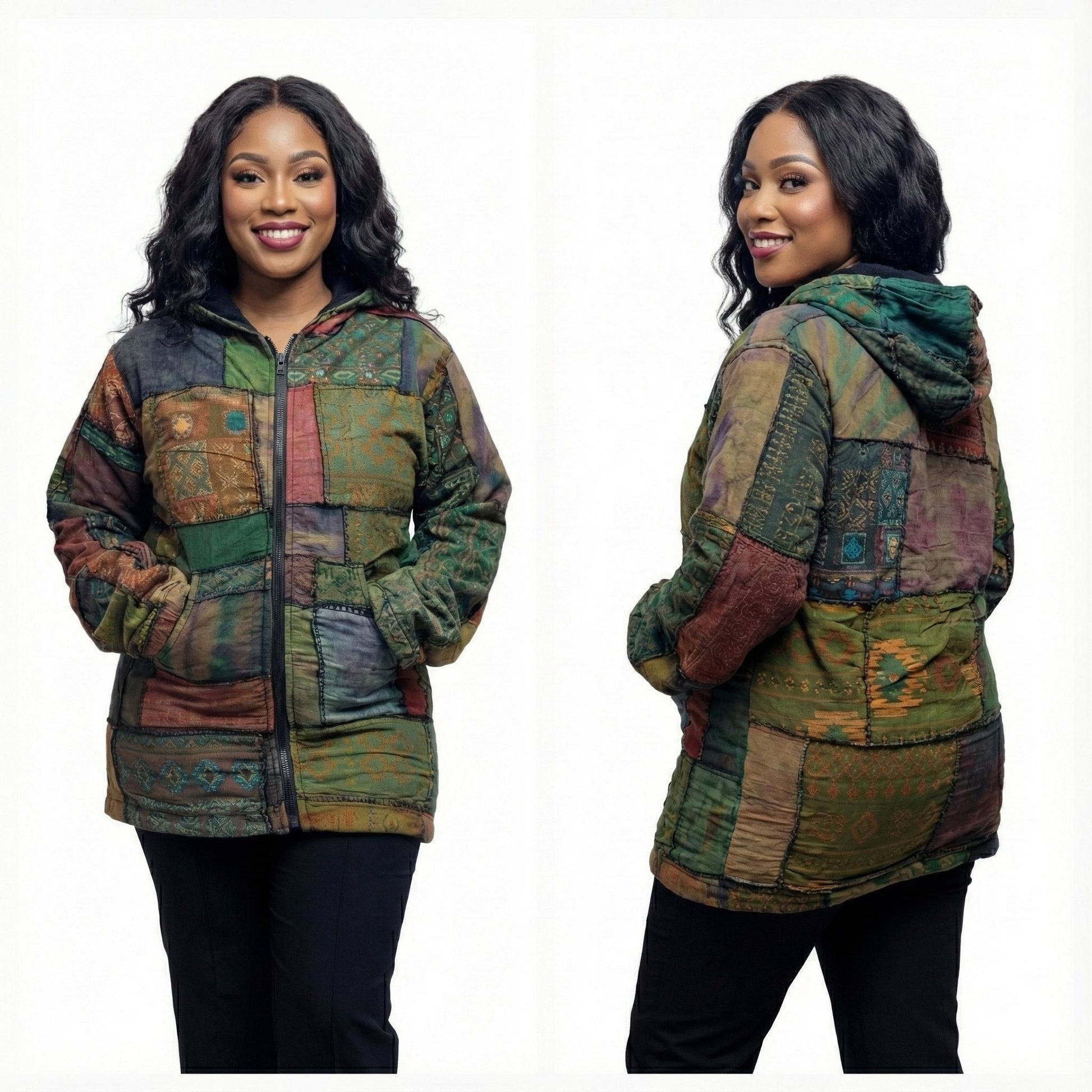 Woman wearing a multicolored patchwork jacket, shown from front and back views.
