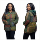 Woman wearing a multicolored patchwork jacket, shown from front and back views.