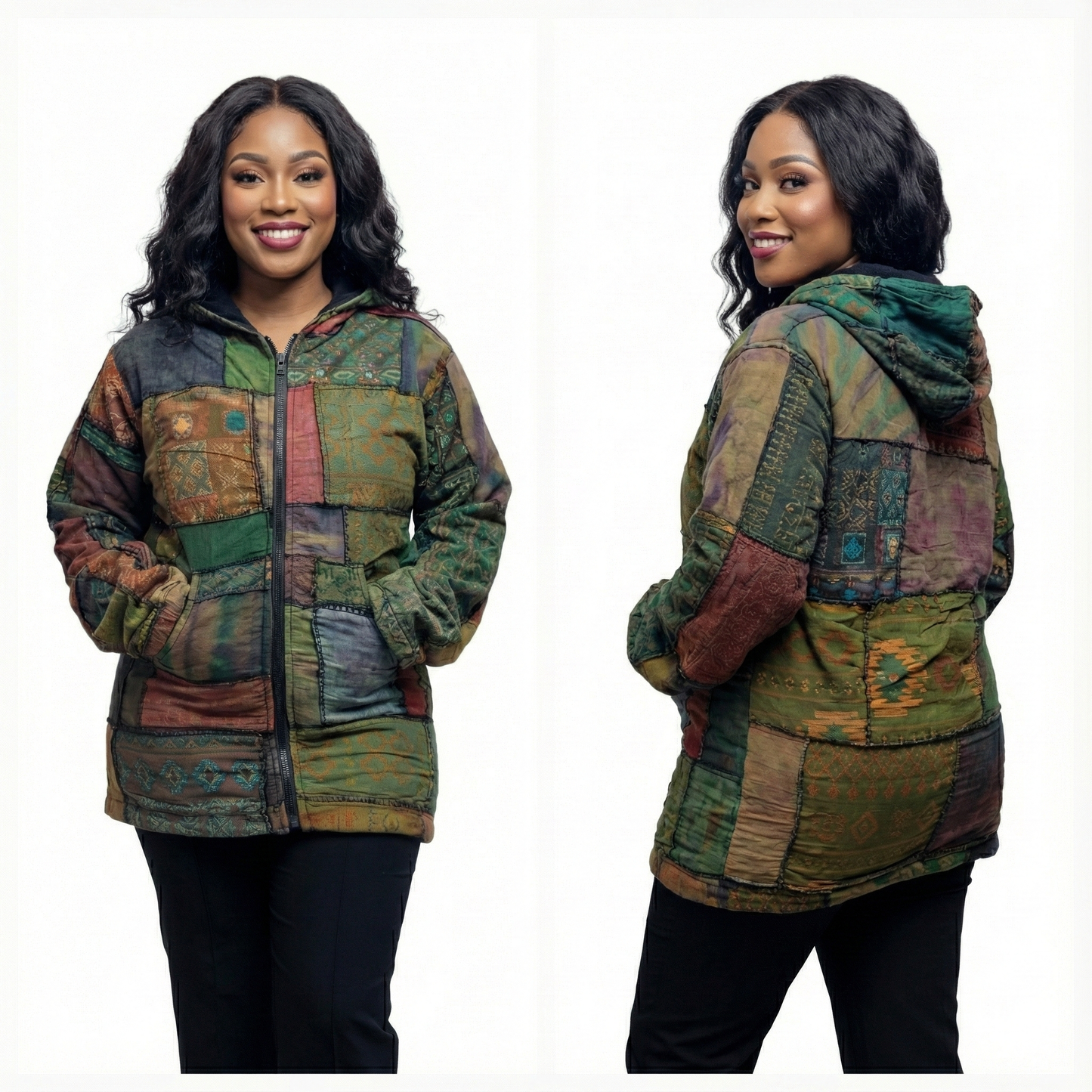 Woman wearing a multicolored patchwork jacket, shown from front and back views.