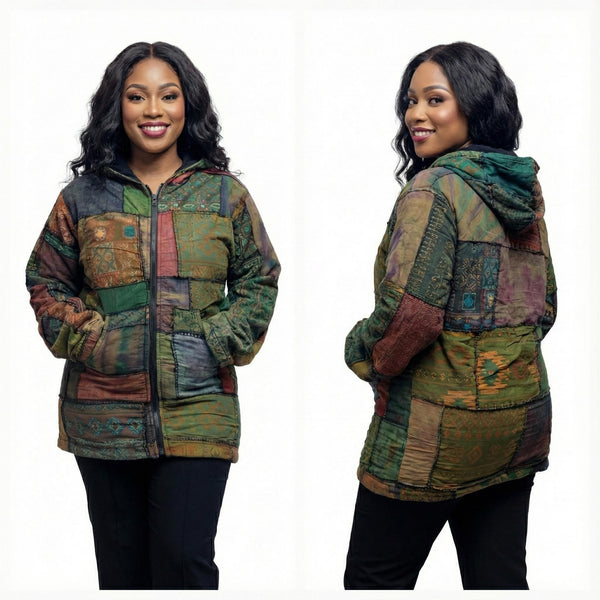 Fleece-Lined Patchwork Jacket Hooded Cotton Zip S-XL | SanJules