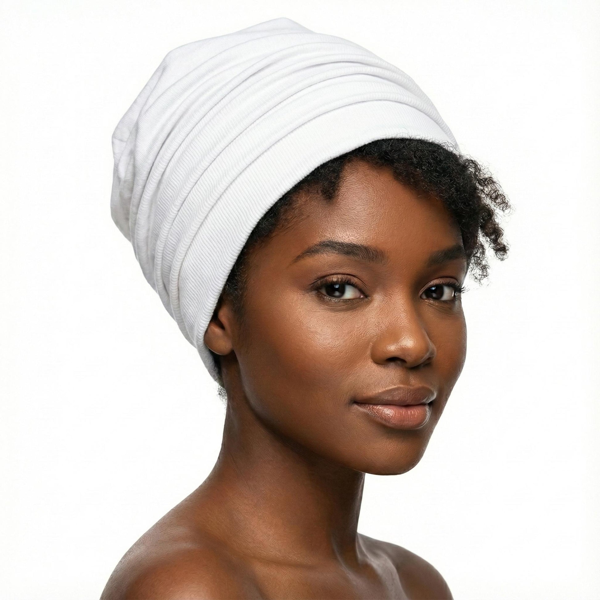 Woman wearing a white hat on her head against a white background-Sanjules