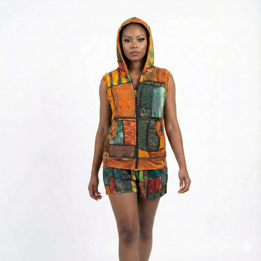 Woman wearing a colorful patchwork vest and shorts on a white background