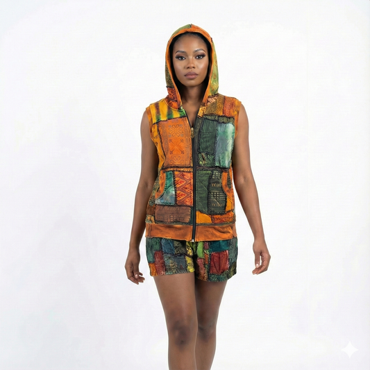 Woman wearing a colorful patchwork vest and shorts on a white background