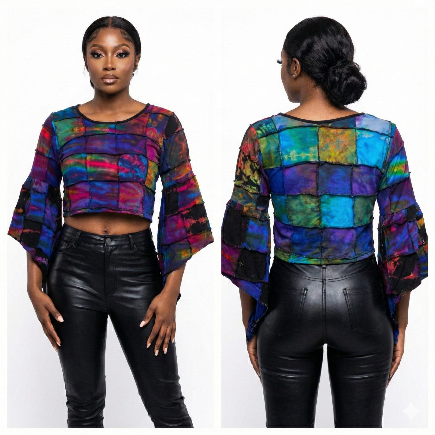 Tie dye top and bottom worn by a model on a white background