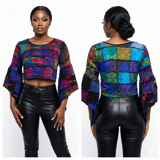 Tie dye top and bottom worn by a model on a white background