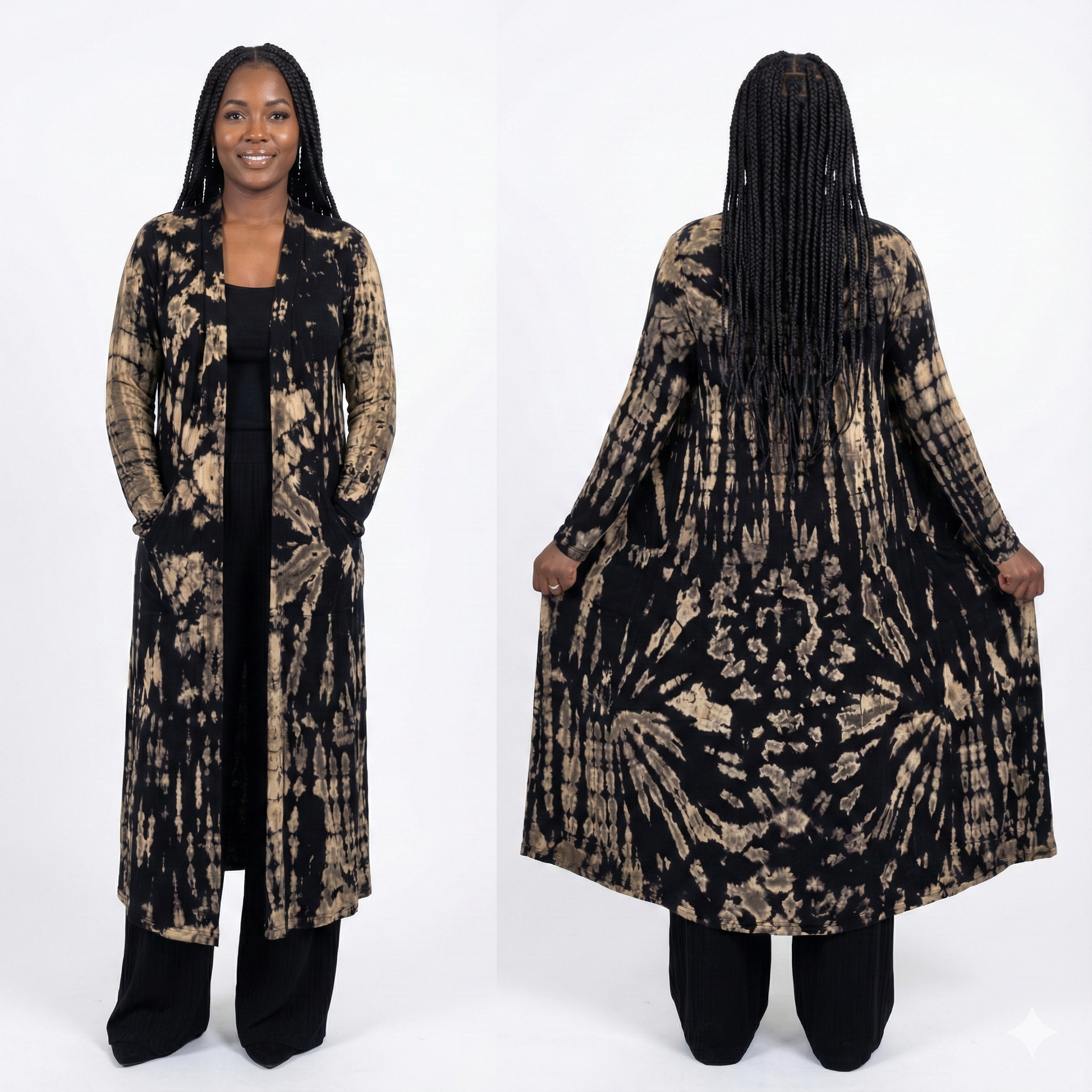 Woman wearing a long, patterned dress against a white background