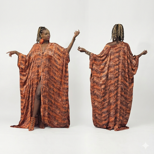 Person wearing a patterned orange and black kaftan from front and back views on a white background