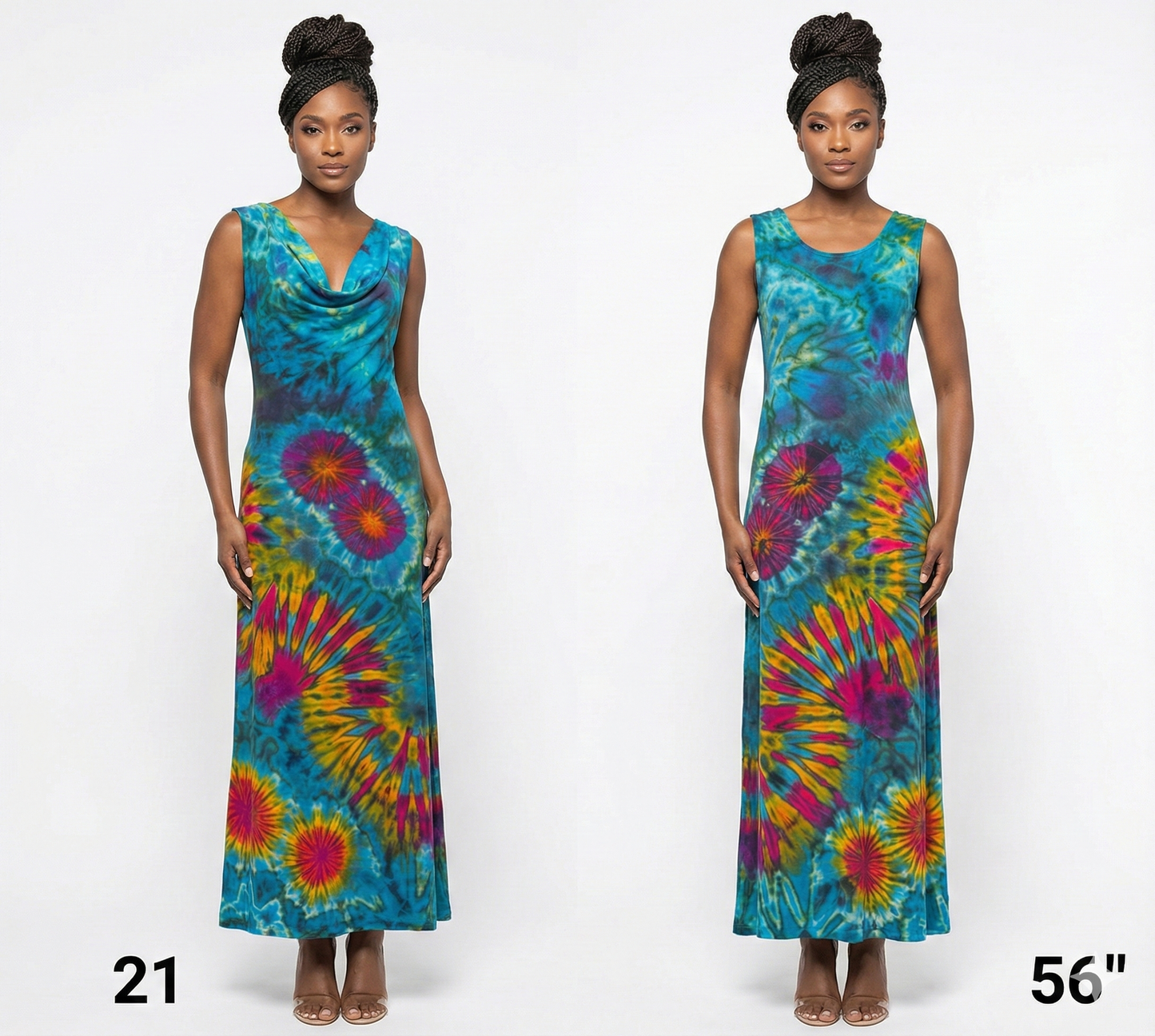 Two models wearing a colorful tie-dye dress on a white background