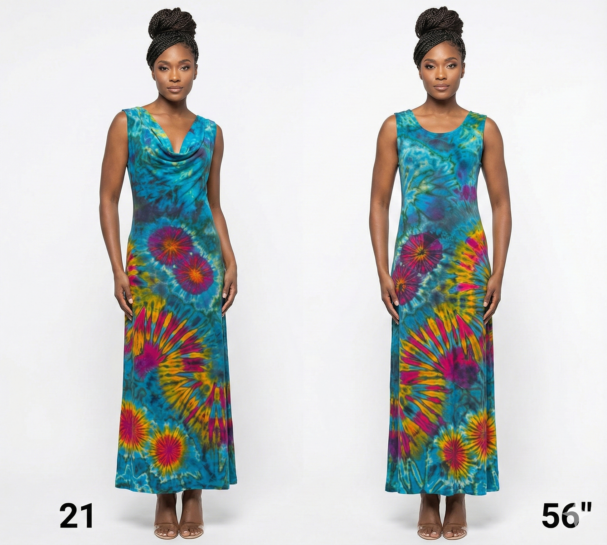 Two models wearing a colorful tie-dye dress on a white background
