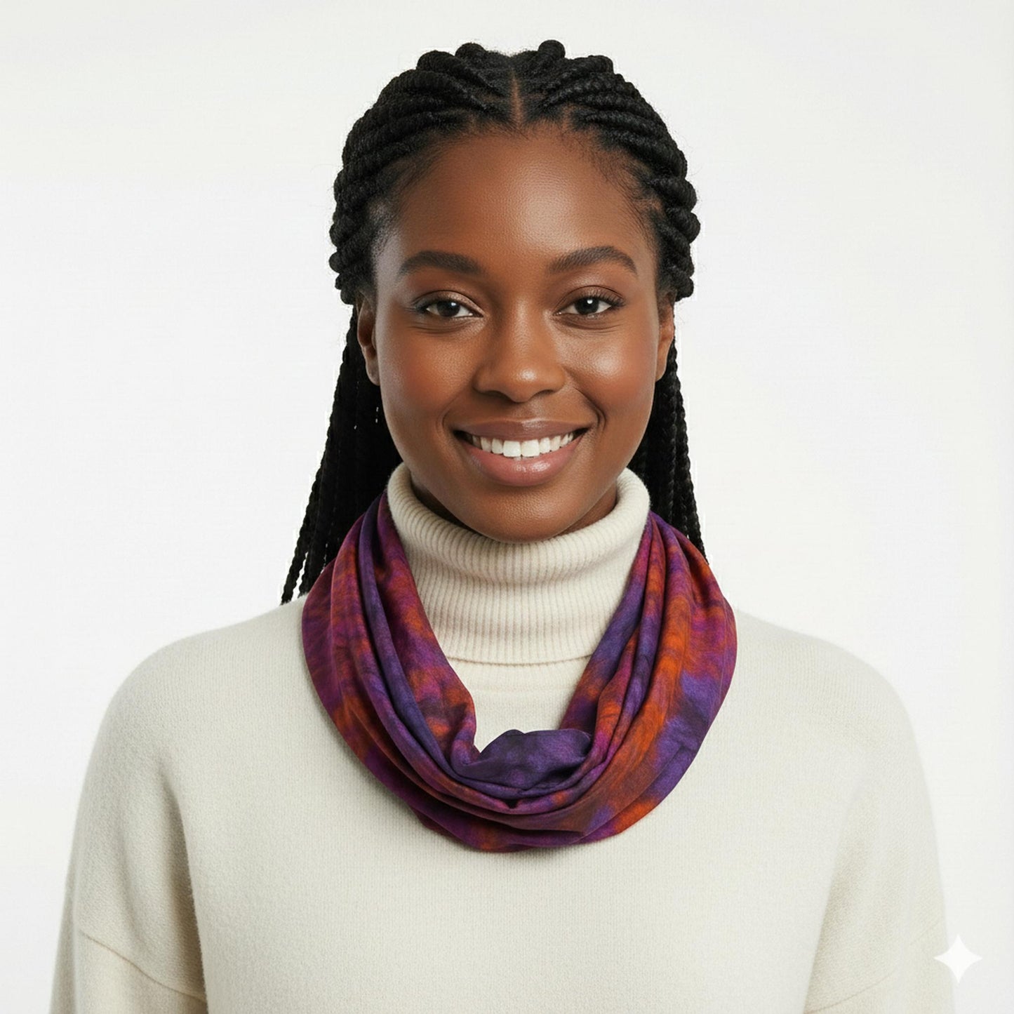 Woman wearing a colorful tie dye scarf and white turtleneck against a plain background