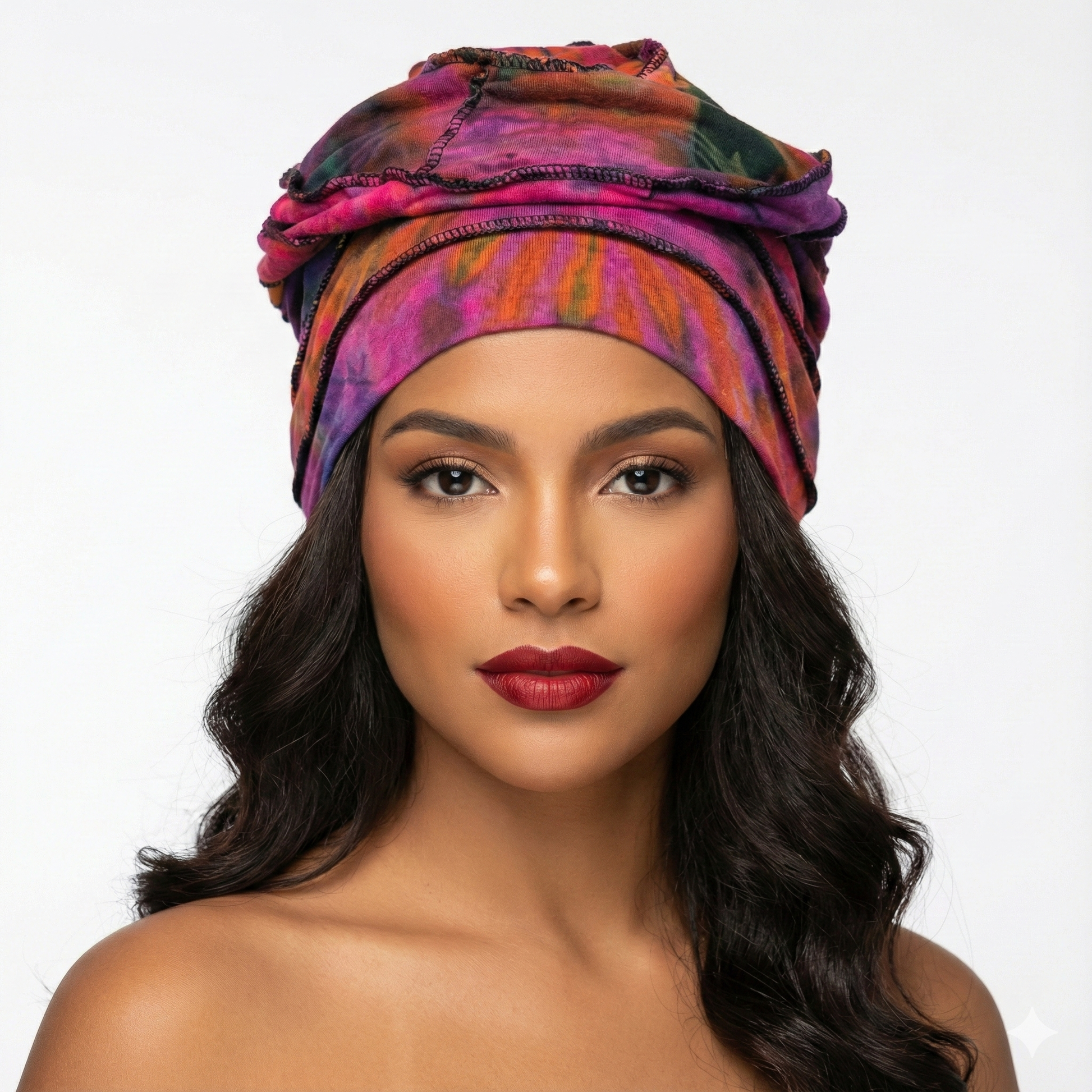Woman wearing a colorful tie dye hat on a white background