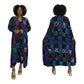 Woman wearing a colorful patchwork duster, front and back views, on a gray background