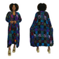 Woman wearing a colorful patchwork duster, front and back views, on a gray background