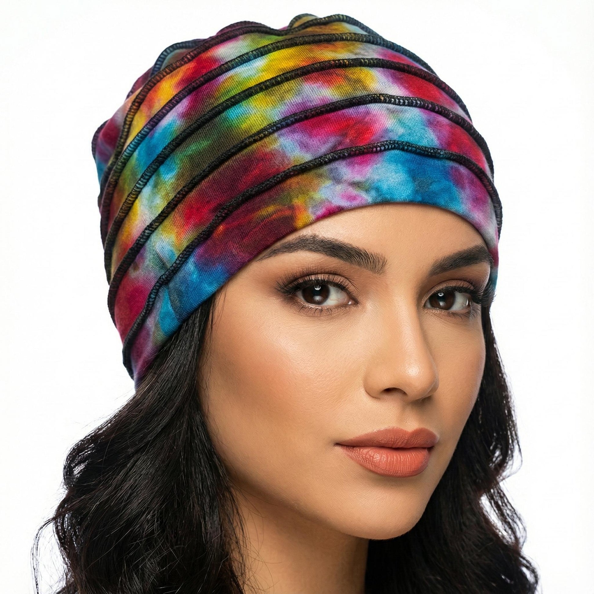 Woman wearing a colorful tie-dye hat on a white background-Sanjules