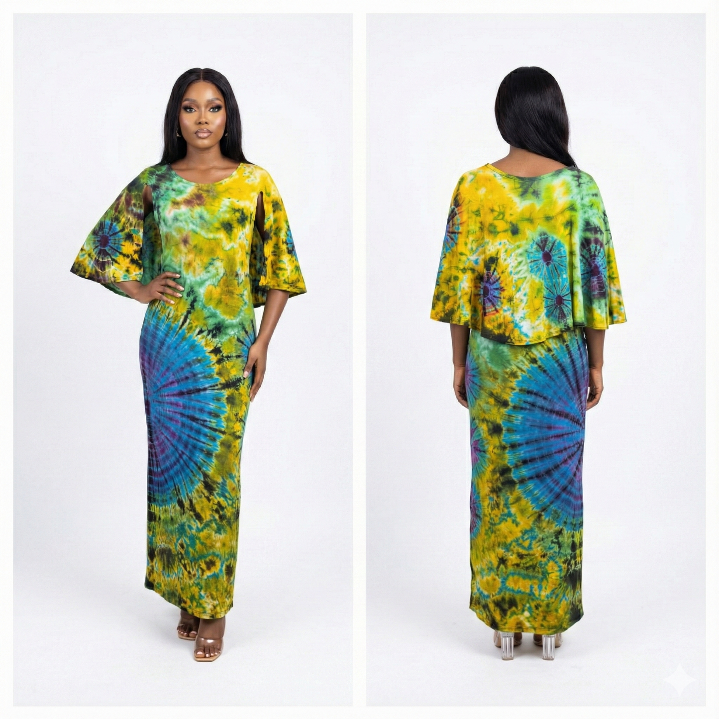 Woman wearing a colorful tie-dye dress from front and back views on a white background