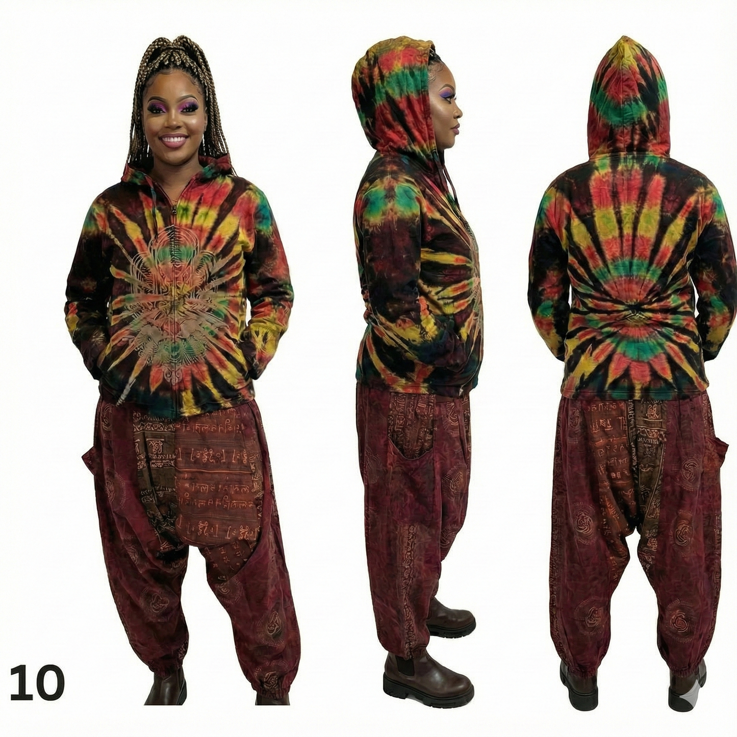 Tie-dye hoodie and maroon pants set worn by a model on a white background
