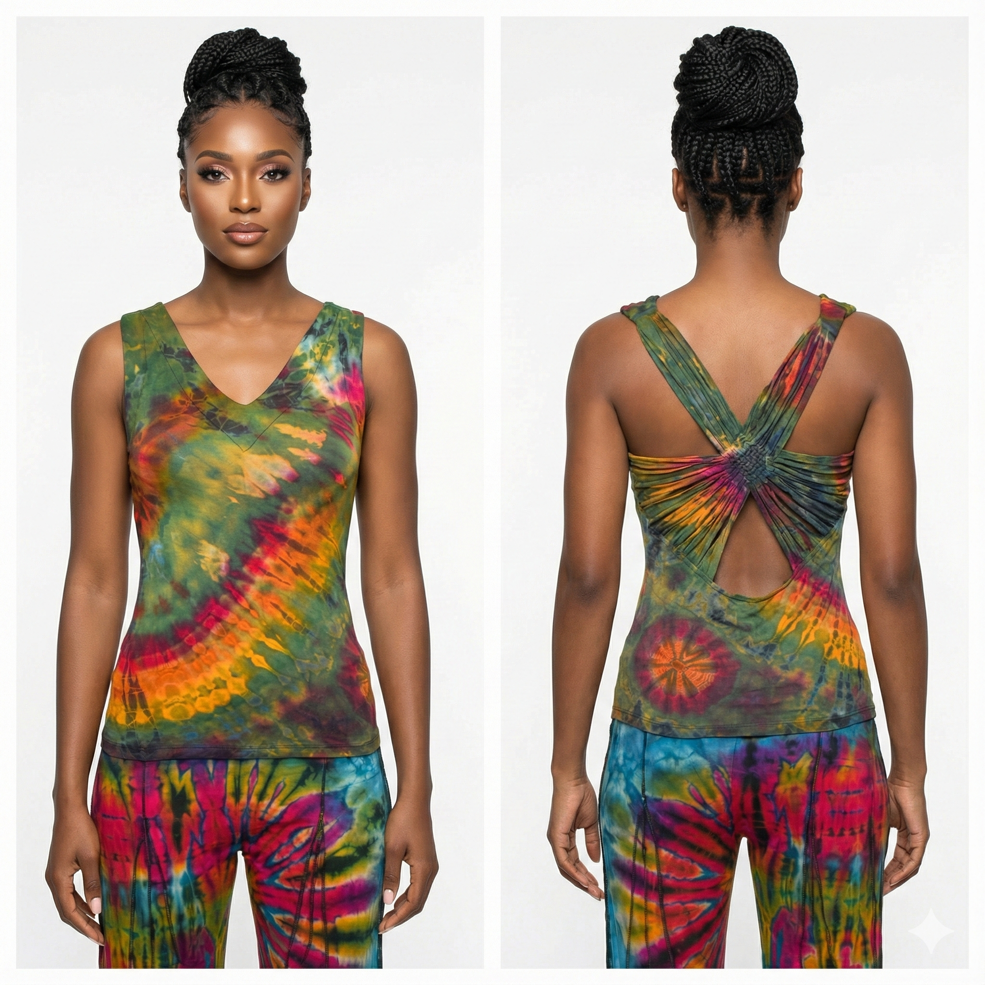 Tie-dye outfit with tank top and pants on a white background