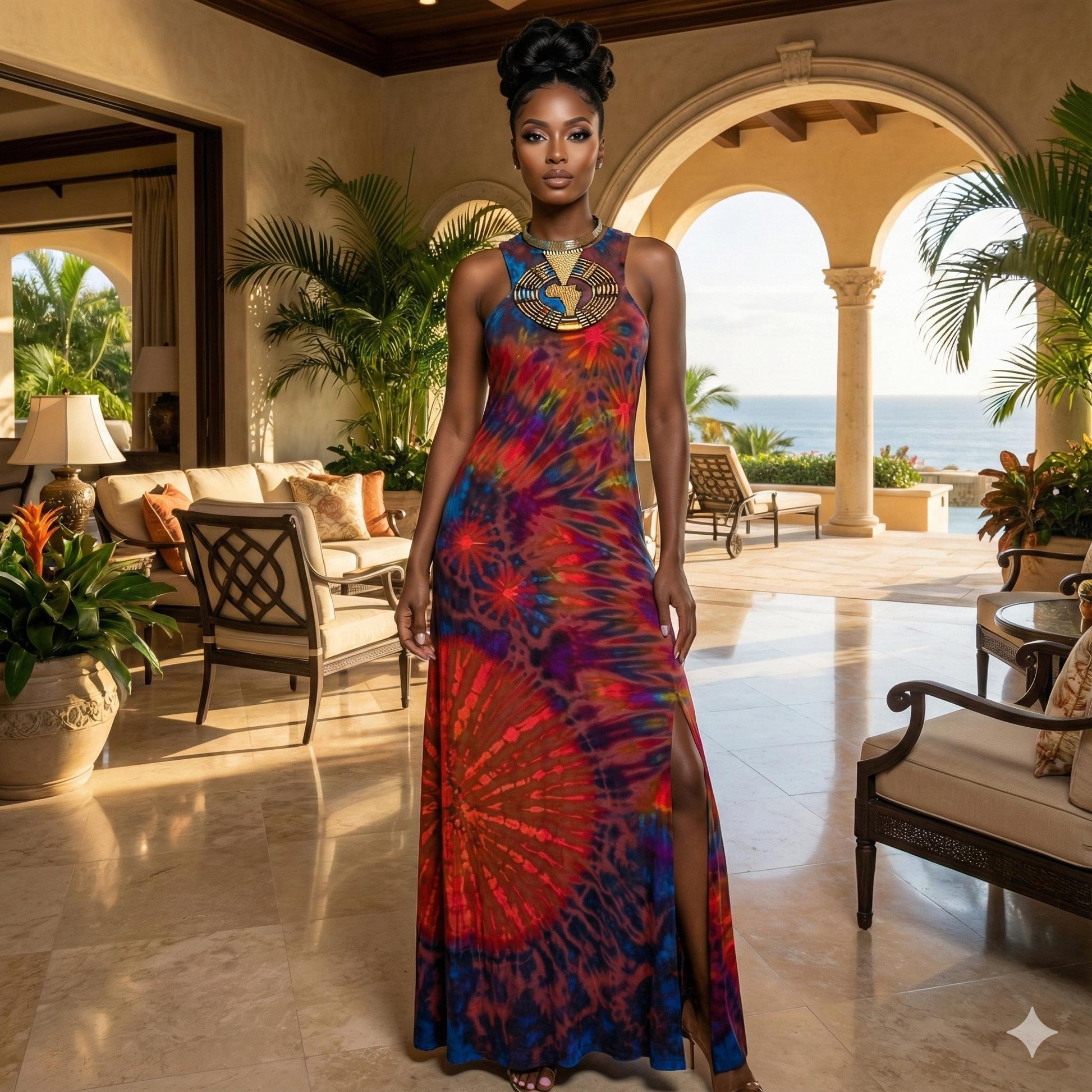 Woman in a tie dye colorful dress standing in a luxurious outdoor setting with ocean view.