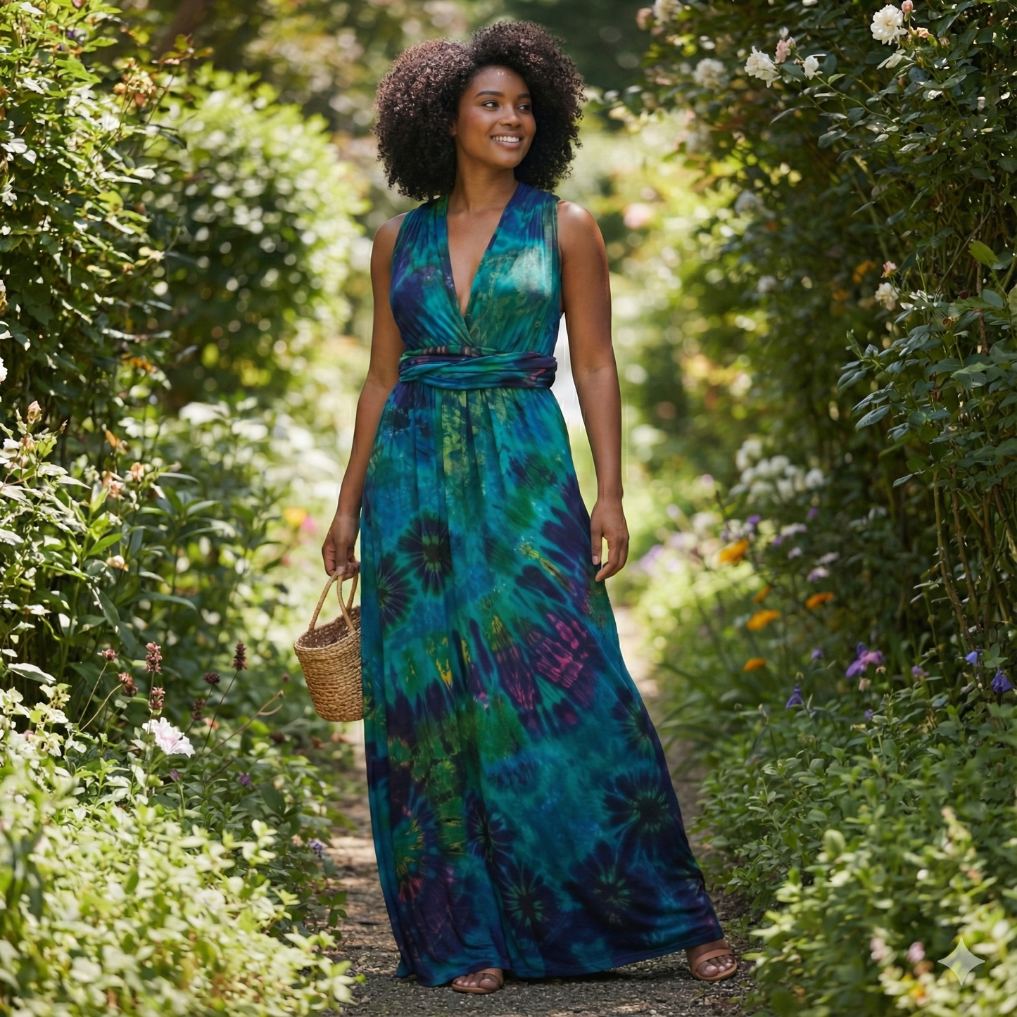 Woman in a blue floral dress standing in a garden