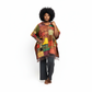 Woman wearing a colorful patchwork poncho on a white background