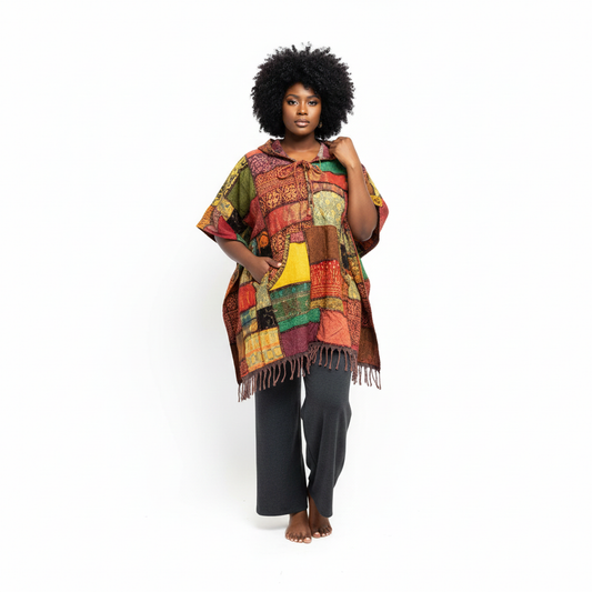 Woman wearing a colorful patchwork poncho on a white background
