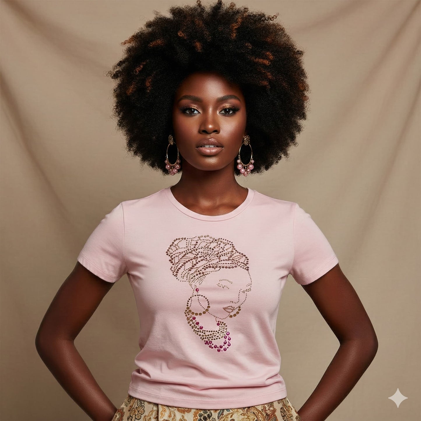 Woman in pink t-shirt with rhinestone head wrap design, gold earrings, and natural afro.