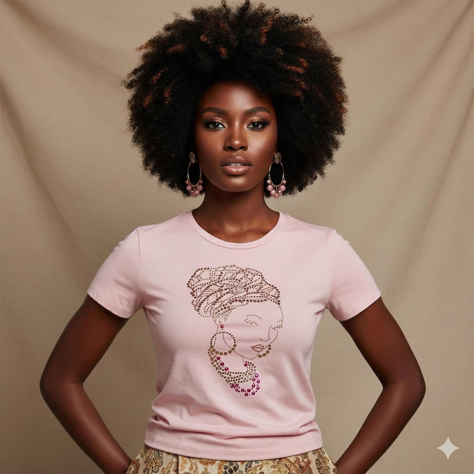 Woman in pink t-shirt with rhinestone head wrap design, gold earrings, and natural afro.