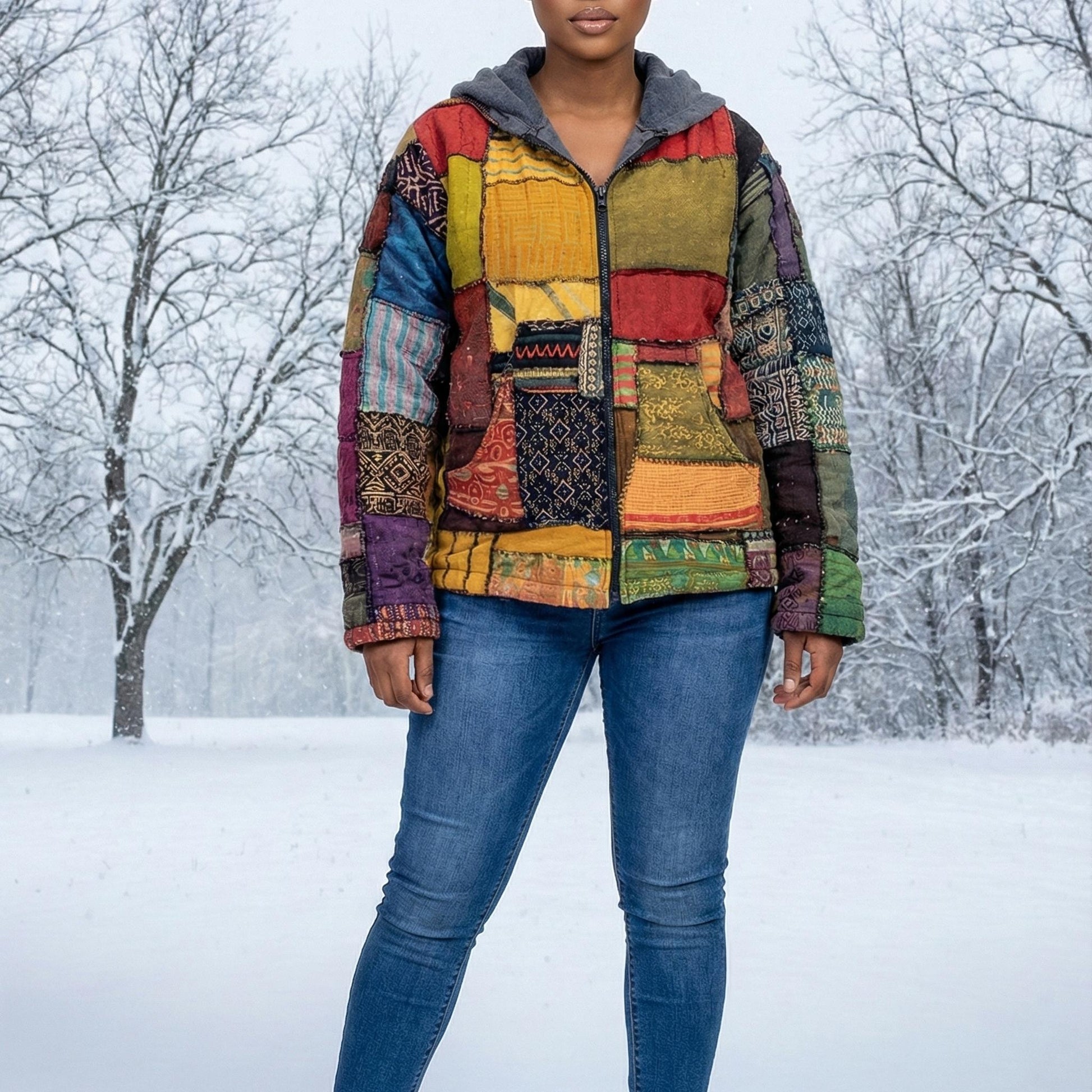 Person wearing a colorful patchwork jacket in a snowy landscape