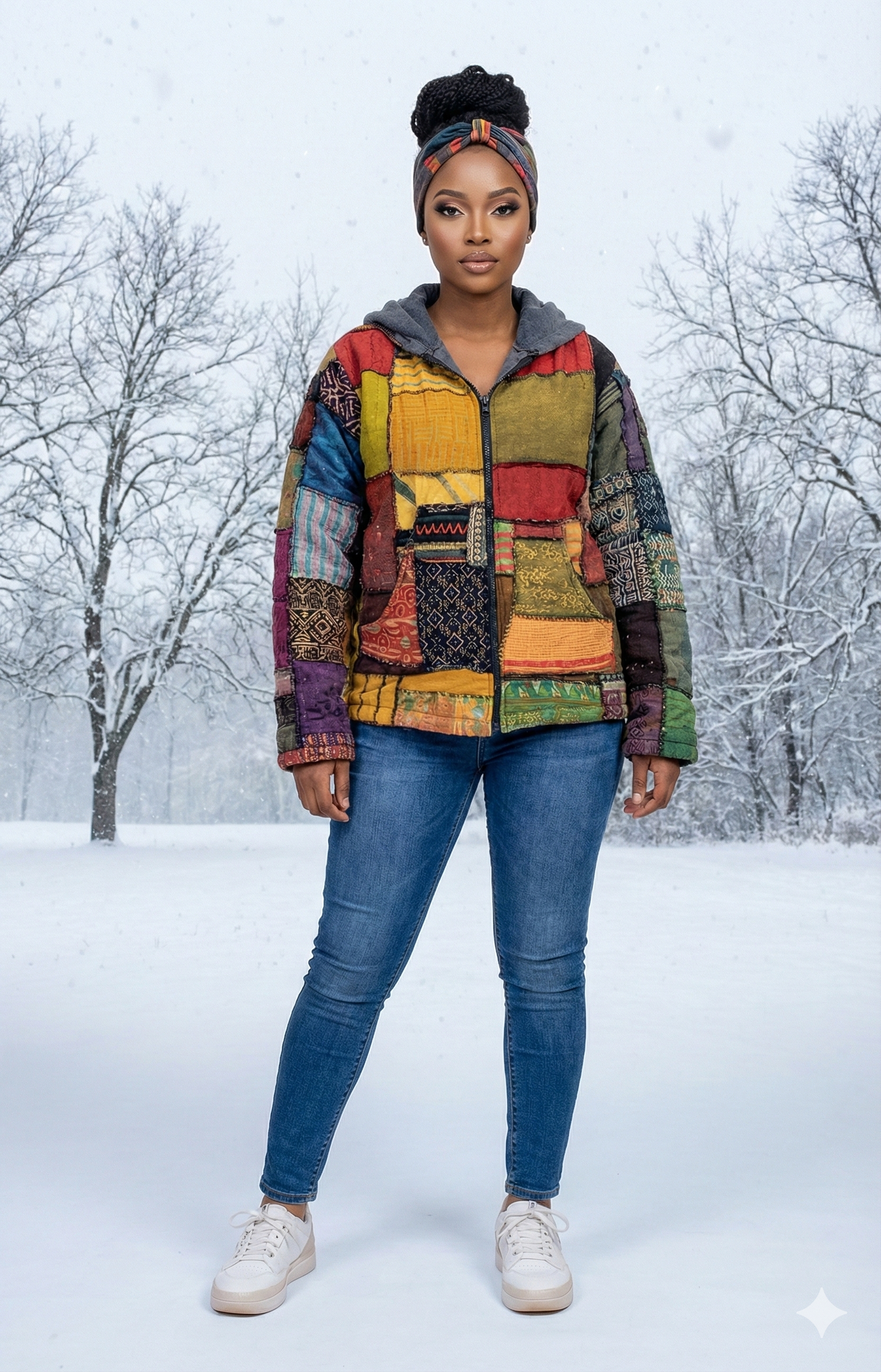 Person wearing a colorful patchwork jacket in a snowy landscape
