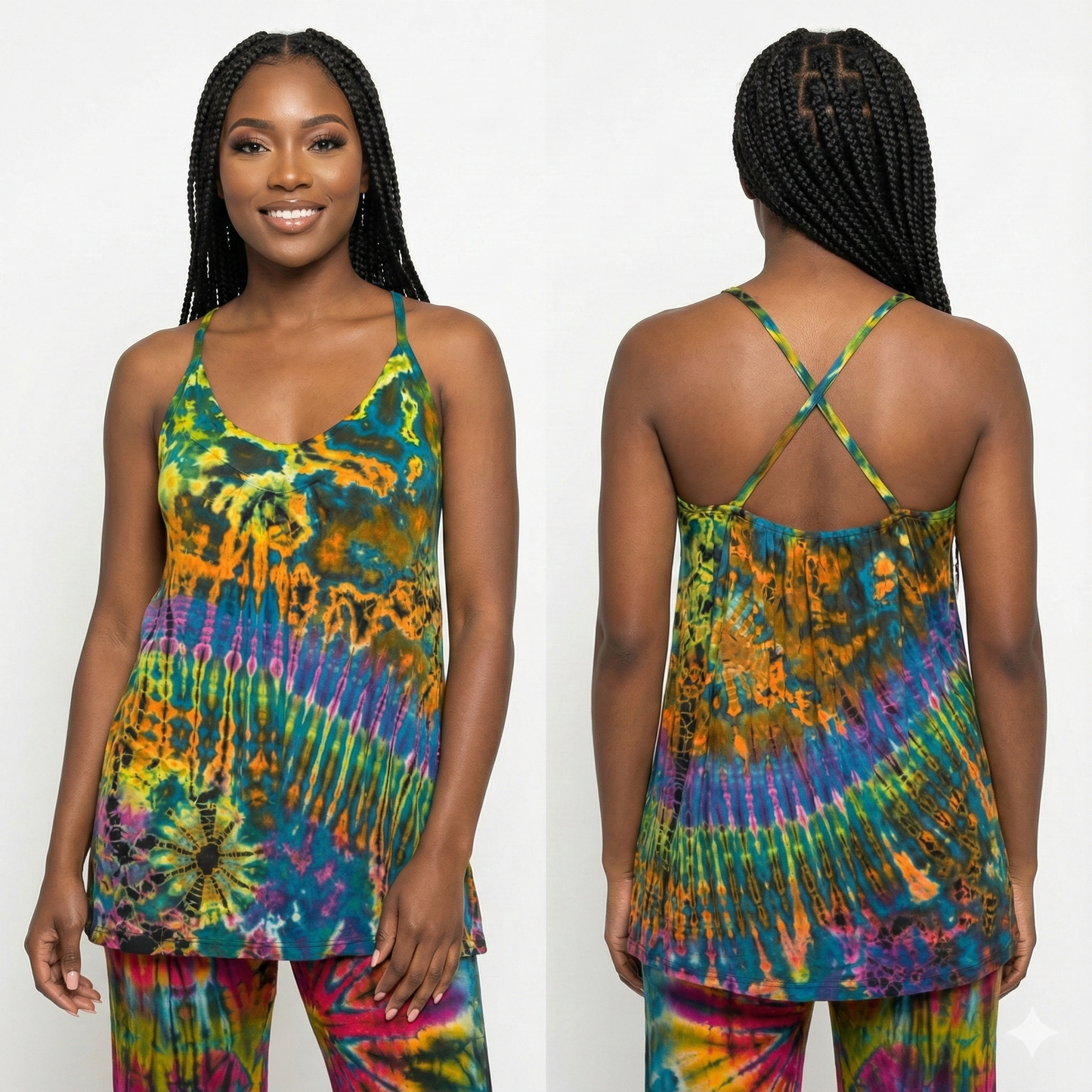 Model wearing a colorful tie-dye tank top and pants set, showing front and back views.