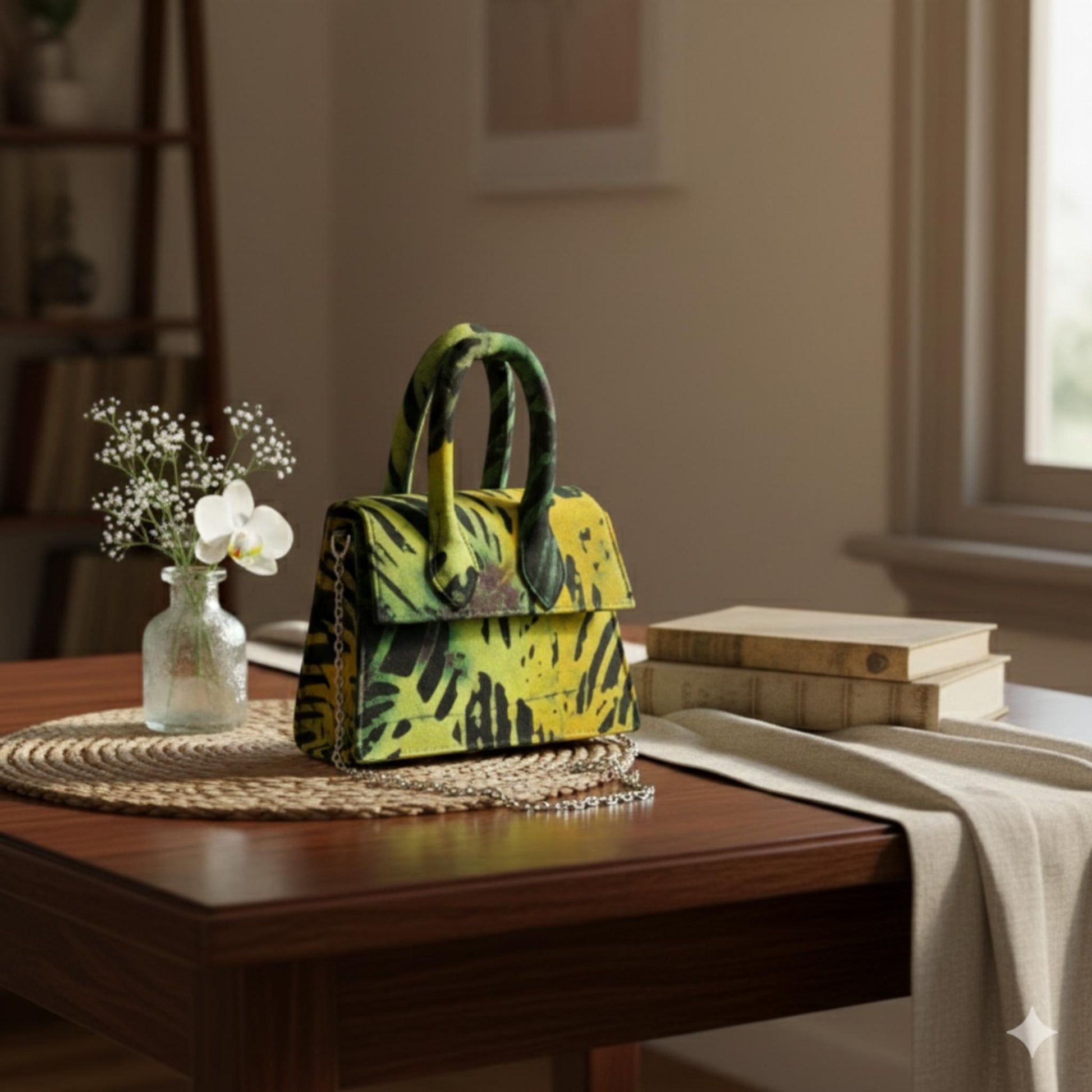 Yellow and black patterned batik handbag on a wooden table. background