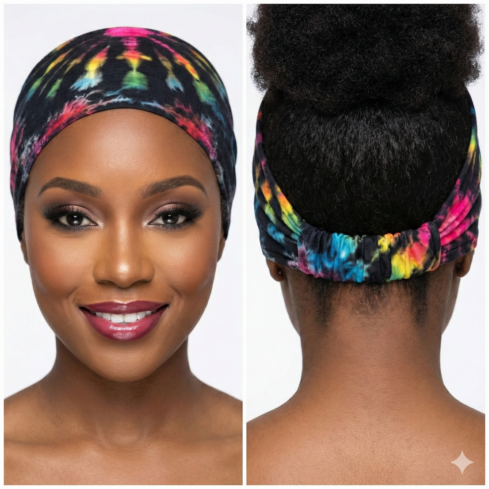 Colorful tie-dye headband worn by a model on a white background