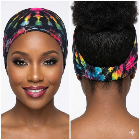 Colorful tie-dye headband worn by a model on a white background