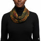 Person wearing a black turtleneck and a tie dye scarf on a white background
