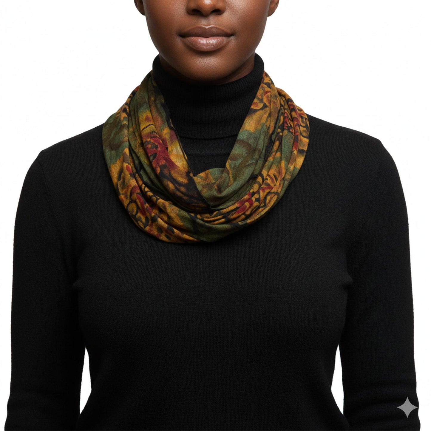 Person wearing a black turtleneck and a tie dye scarf on a white background