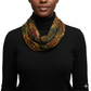 Person wearing a black turtleneck and a tie dye scarf on a white background