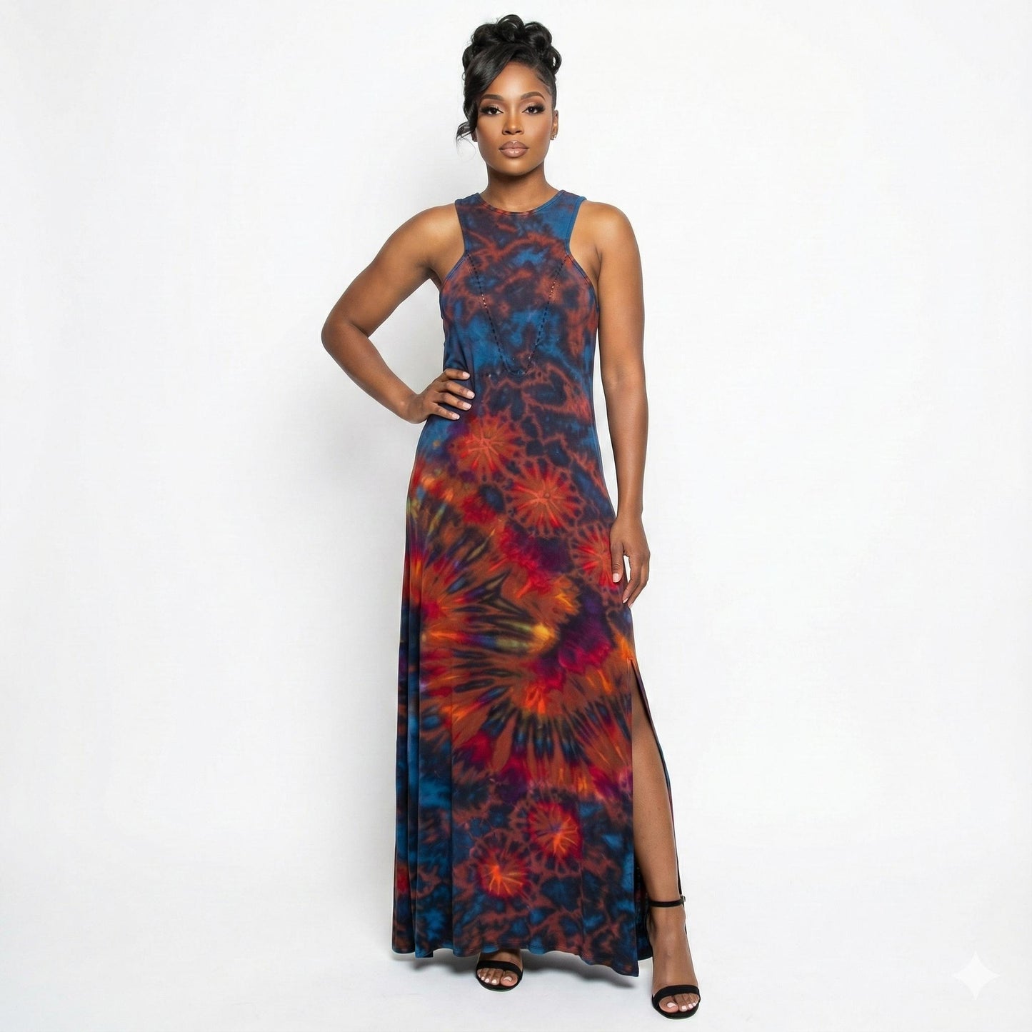 Woman wearing a tie-dye dress on a white background