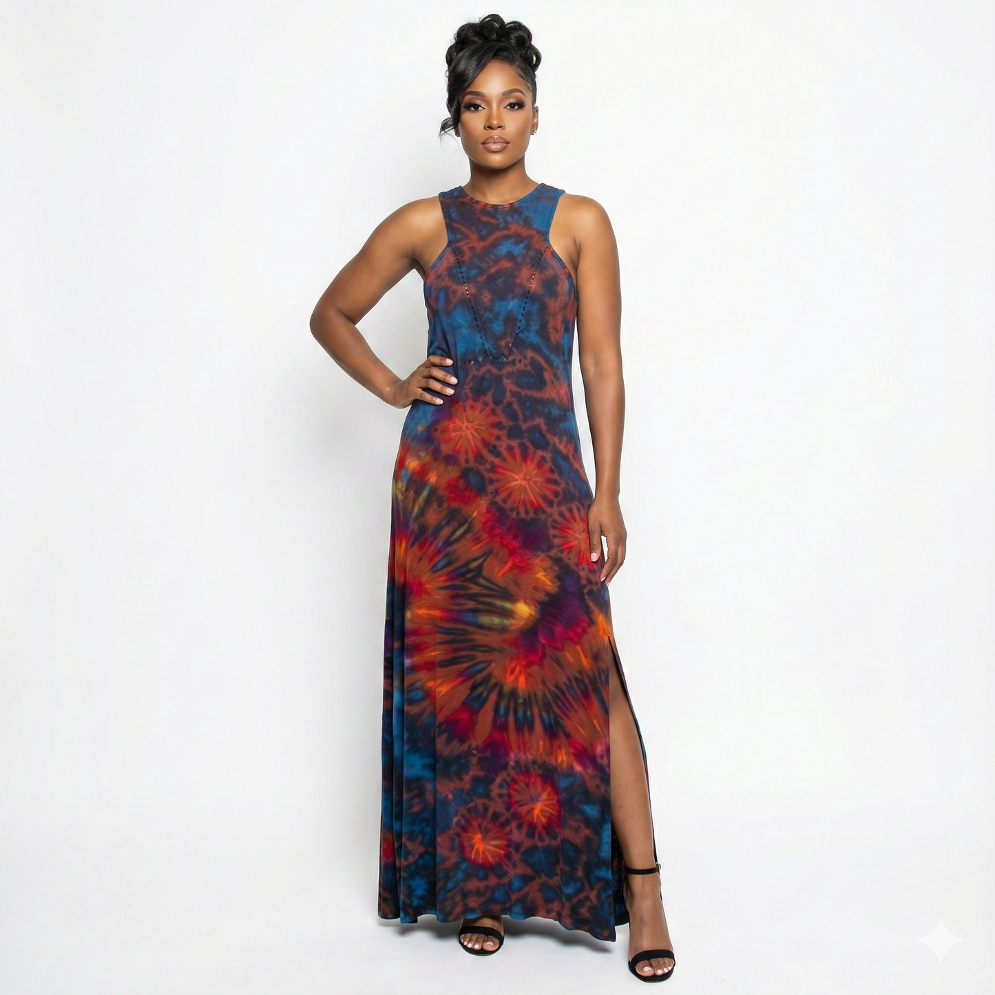 Woman wearing a tie-dye dress on a white background