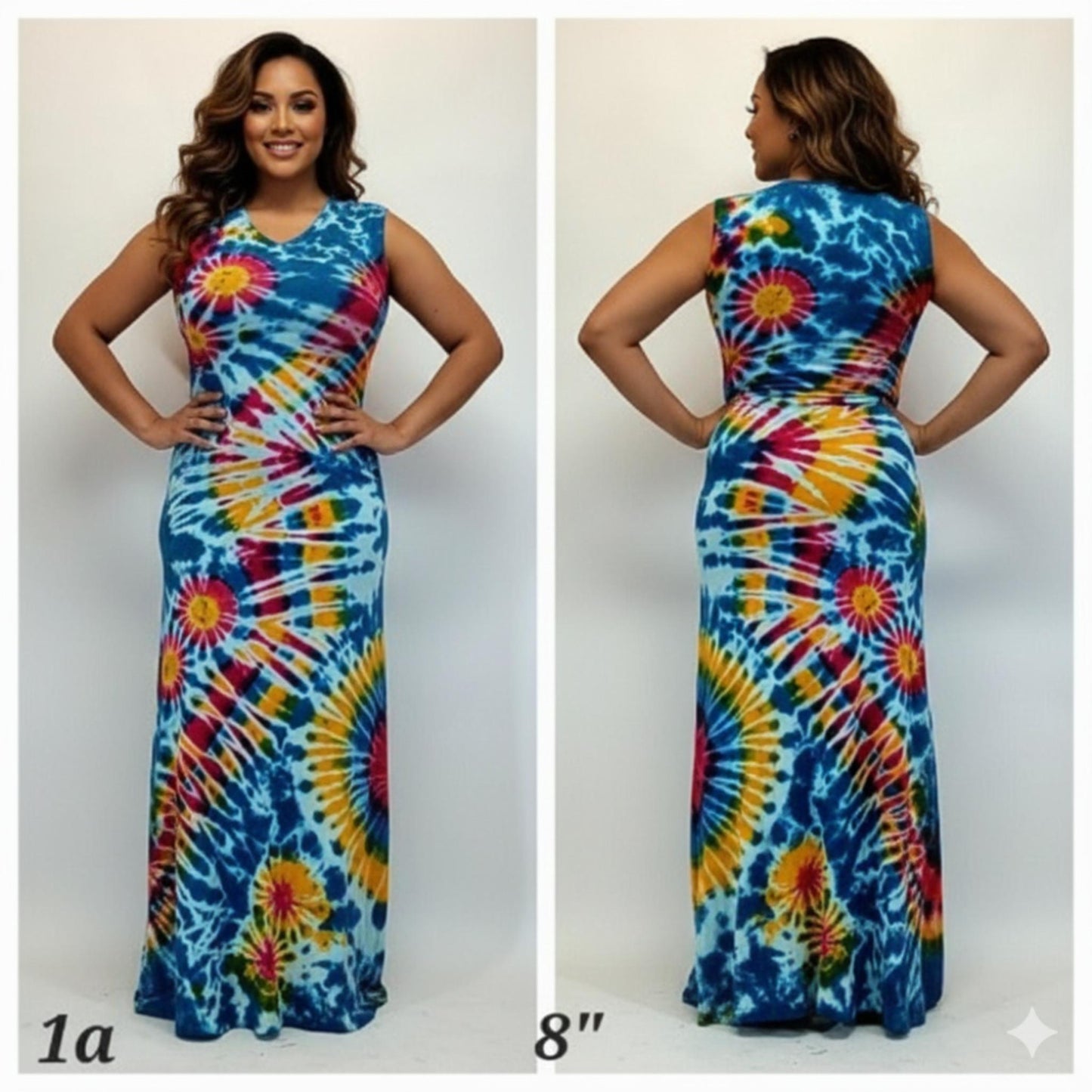 Tie-dye dress shown from front and back on a white background